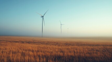 Obraz premium Wind Turbines in Golden Field under Foggy Blue Sky at Sunrise