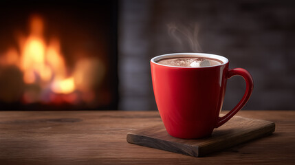 Hot chocolate in red mug placed on wooden table with soft steam rising. Inviting ambiance created by warm flickering fireplace. Concept of cafes, cozy home settings, winter relaxation