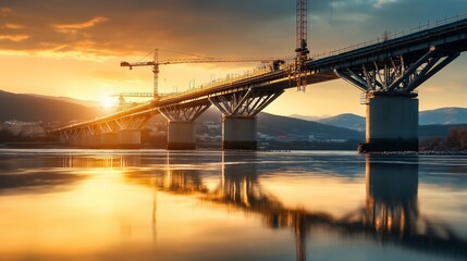 bridge under construction over a large river, featuring scaffolding, cranes, and workers in safety gear under a golden sunset