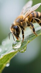 Honeybee gracefully perches on a verdant leaf, its delicate legs gently touching a glistening water droplet, creating a mesmerizing tableau of nature's beauty and symbiosis .