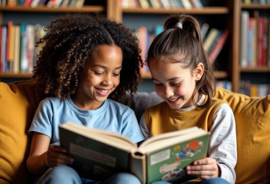 Two young girls with curly and straight hair reading a book together on a cozy sofa