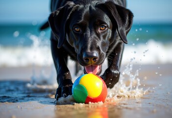 Playful black dog with brown eyes fetching a colorful ball at the beach