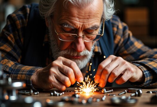 Elderly man welding metal parts with sparks flying in a workshop setting
