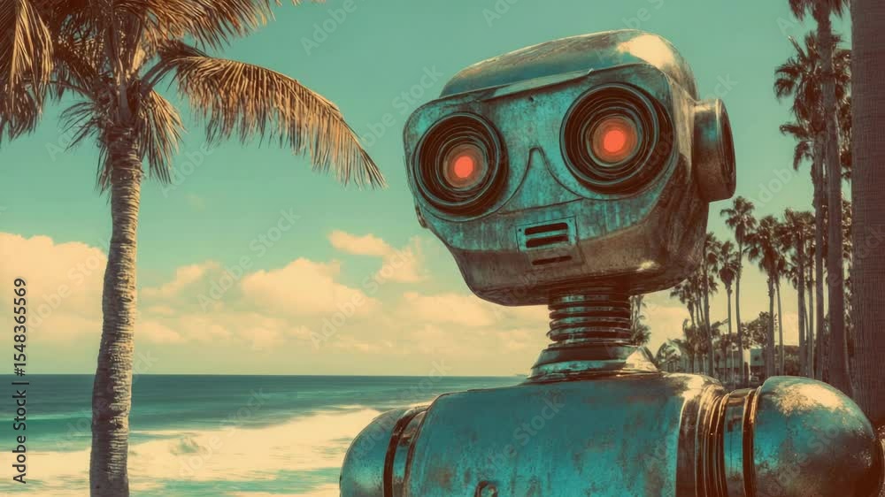 Poster a robot stands next to a palm tree on a sunny beach