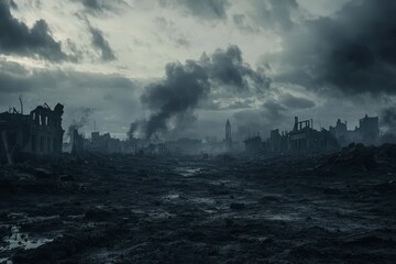 Post-Apocalyptic Landscape with Ruined Buildings and Dark Sky