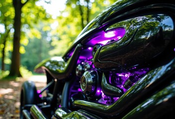 Close-up of a sleek black motorcycle with purple lighting accents in a forest setting