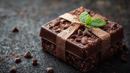 Dark chocolate bar wrapped as a gift.