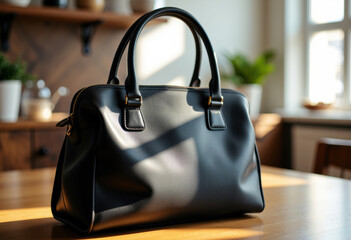Elegant black leather handbag with sturdy handles placed on a wooden table in a cozy room