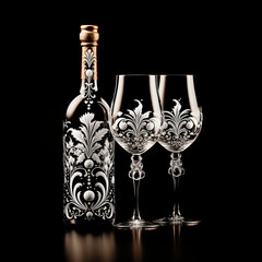 Graphic of decorated wine bottle and glasses. (AI Generated)