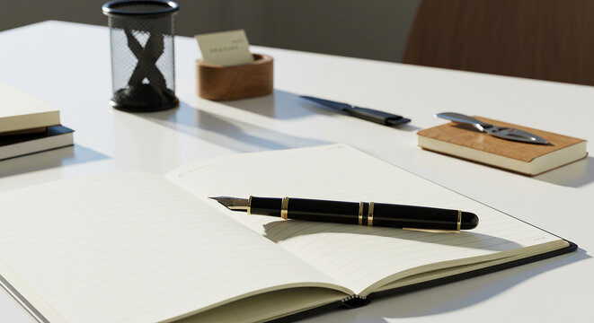 A fountain pen resting on an open notebook on a white desk with an hourglass and other objects near by