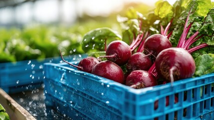 A vibrant collection of fresh red beets sits in a blue basket, showcasing their rich colors and healthy greens, signaling the essence of farm-to-table produce.