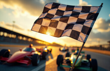 Checkered flag waving at a race track during sunset with racing cars in the background