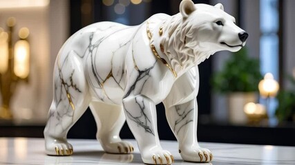 Elegant white marble bear figurine with golden accents standing on a marble surface, interior decor featuring animal sculpture
