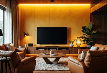 Modern living room with warm lighting, comfortable leather sofas, and a large flat-screen TV