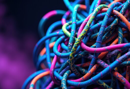 Colorful tangled ropes with vibrant patterns and textures on a dark background