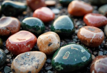 Colorful polished stones scattered on a rocky surface create a vibrant natural scene