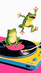 Obraz premium Two vibrant frogs, one mid-air and one perched on a turntable, celebrate music and joy in a colorful, playful composition .