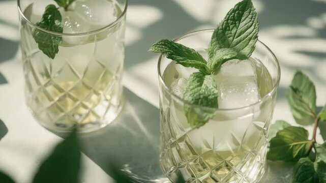 Fresh lemonade with ice cubes and mint leaves, served in a cocktail shaker on table. Drinks ready to serve.