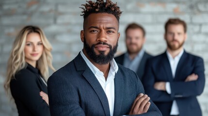 A confident businessman stands at the forefront of a professional team, embodying leadership and teamwork, with a modern environment suggesting collaboration and success.