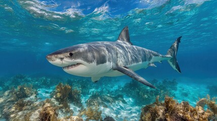 Obraz premium A great white shark swims gracefully through vibrant turquoise waters filled with coral reefs and marine life, illuminated by sunlight filtering through the surface.