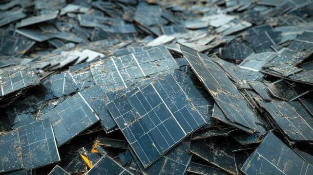 A stack of discarded solar panels, with fragments scattered around
