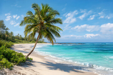 Fototapeta premium Tropical Beach Scene Coconut Palm Tree Turquoise Ocean White Sand