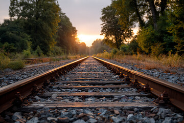 Sunset Railway Tracks Receding into Green Forest railroad