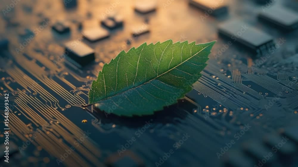 Poster a single green leaf sits on top of a computer motherboard, highlighting the contrast between nature 