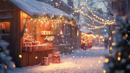 snowy outdoor market stall selling beautifully wrapped gifts and handcrafted holiday decorations, with twinkling lights and a warm glow