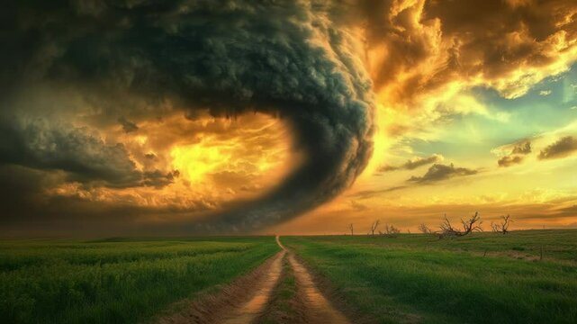 A powerful storm approaches, with a funnel cloud moving over a rural dirt road