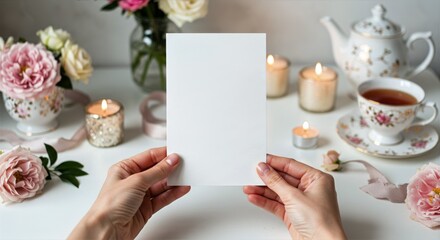 Hands holding a blank card surrounded by flowers and tea set, concept of Bridal Shower Invitation Mockup  