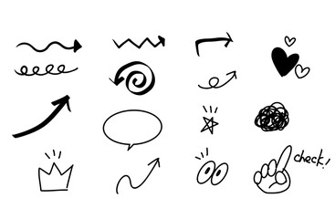 手書きアイコンセット（矢印・吹き出し・王冠・目玉・指差し・星・ぐちゃぐちゃ線）／黒単色・シンプル