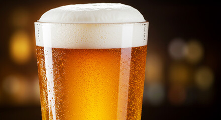 A close up of a glass of beer with a thick white head and condensation on the outside of the glass