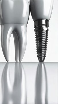 Dental implant alongside a natural tooth on a white reflective surface demonstrating restorative dentistry and tooth replacement options.