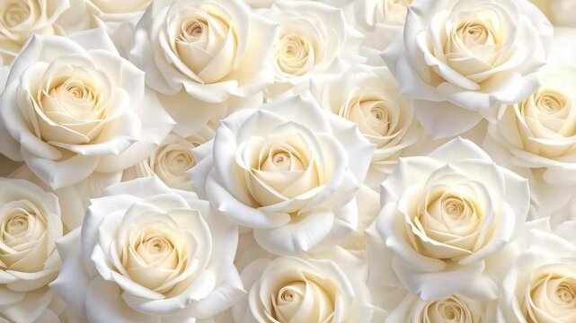 Elegant ivory white roses in full bloom forming a dense floral background, showcasing soft petals and a romantic, delicate aesthetic