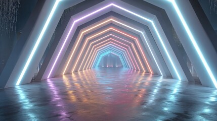 Fototapeta premium A futuristic corridor displays colorful neon lights along geometric arches, creating a visually striking pathway. The smooth floor reflects the vibrant hues, enhancing the atmosphere.