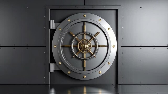 Metal vault door with combination lock system in a bank. Finance security concept. Safety, protection, wealth, banking, depository