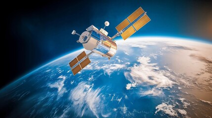 Obraz premium satellites fly against the background of the Earth in space.