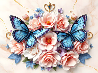 Blue butterflies among pink roses ceramic pottery design 3-D ideal for sublimation design art