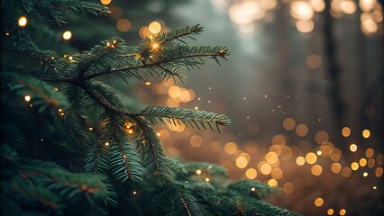 Close up of evergreen tree branches adorned with warm glowing fairy lights