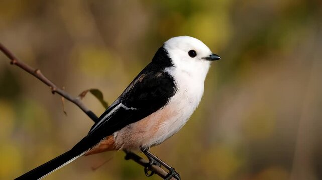 Long-tailed tit bird perched on a thin branch in autumn with blurred foliage background looking right.
