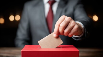 A person dressed in a suit is placing a ballot into a red voting box, focusing on the act of casting a vote during a significant election event.