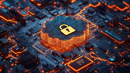 Secure cloud technology depicted on a circuit board.