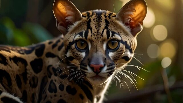 Close-up portrait of an ocelot with its distinctive spotted coat in a lush forest environment, wildlife photography