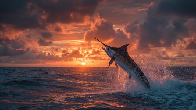 A marlin jumps out of the water at sunset, creating splashes as the vibrant colors of the sky illuminate the scene. The tranquil ocean adds to the beauty of this natural spectacle.