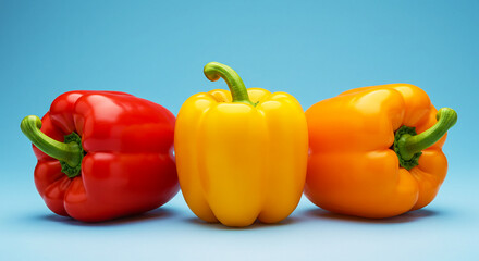 A still life featuring three vibrant bell peppers against a soft blue background in close up shot