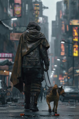 Human with animal on leash in downtown street. (AI Generated)