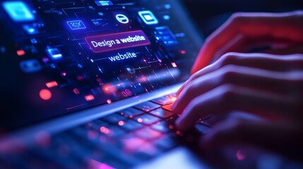 Website Design: A close-up shot reveals the intricate work of creating a dynamic website, with glowing digital interfaces adding vibrancy to the tech-focused setting.