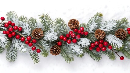 Frosted pine garland with red berries and pinecones on white background