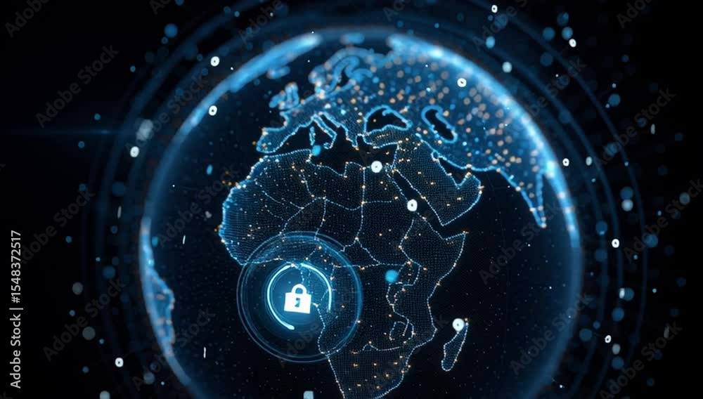 Poster a digital globe with multiple layers of data points and graphs, with an illuminated padlock icon in 